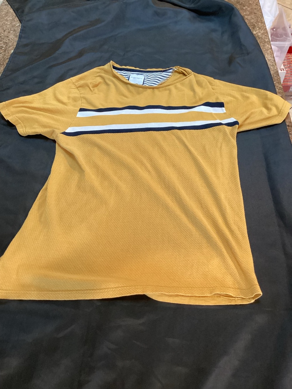 Men's ,Mustard Yellow ,Striped Crew Neck Shirt,Size Extra Large